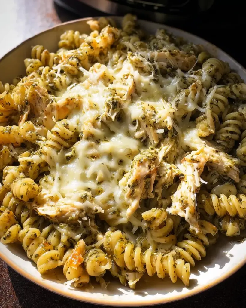 Slow Cooker Pesto Mozzarella Chicken Pasta