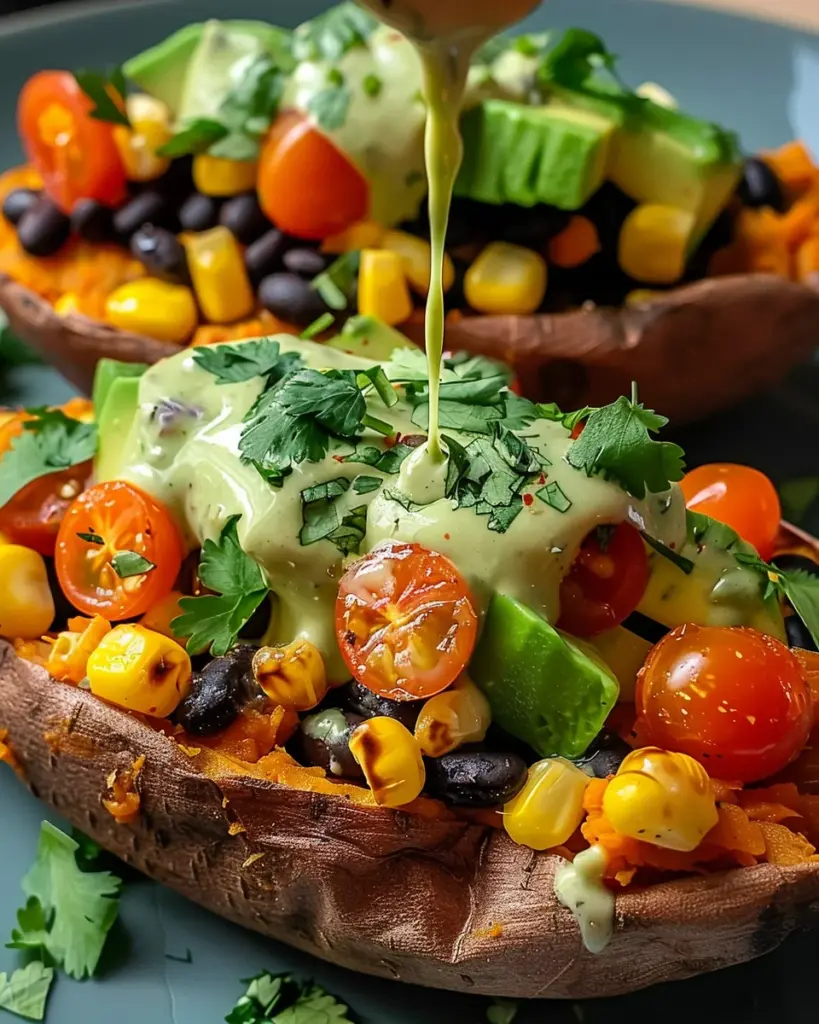 Stuffed Sweet Potato with Avocado, Black Beans & Cilantro Lime Crema 6 1 3 9