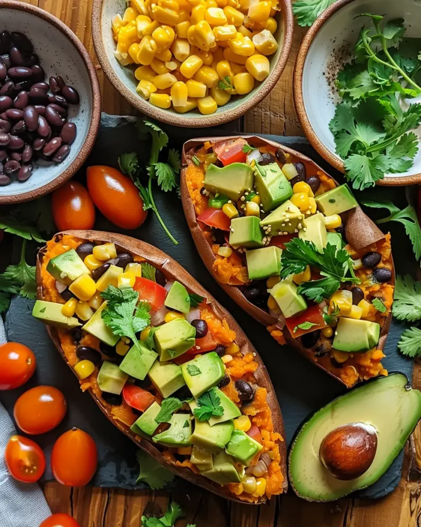 Stuffed Sweet Potato with Avocado, Black Beans & Cilantro Lime Crema