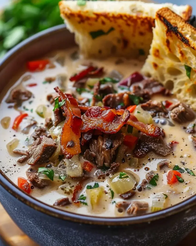 One-Pot Philly Cheesesteak Soup with Bacon and Cheesy Toast