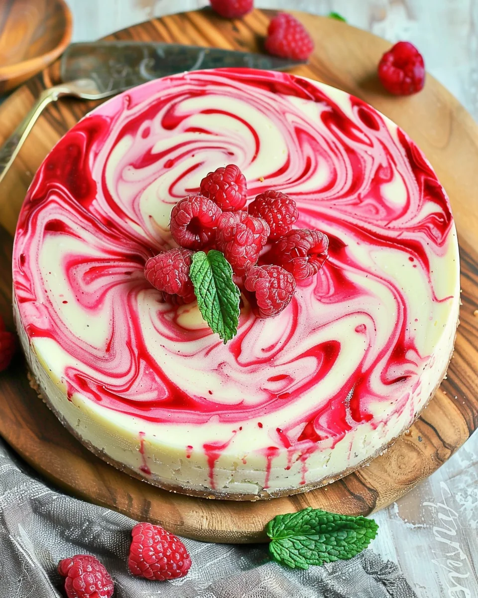 White Chocolate Raspberry Swirl Cheesecake