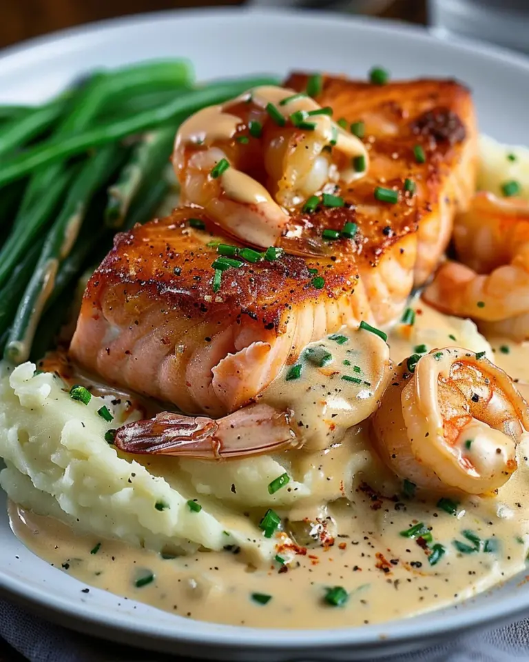 Cajun Shrimp and Salmon with Garlic Cream Sauce, Mashed Potatoes, and Green Beans: A Flavor-Packed Dinner to Impress
