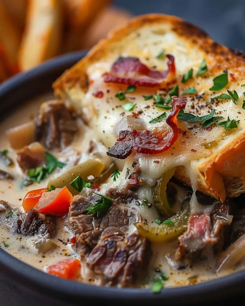 One-Pot Philly Cheesesteak Soup with Bacon and Cheesy Toast 4 3 1 3