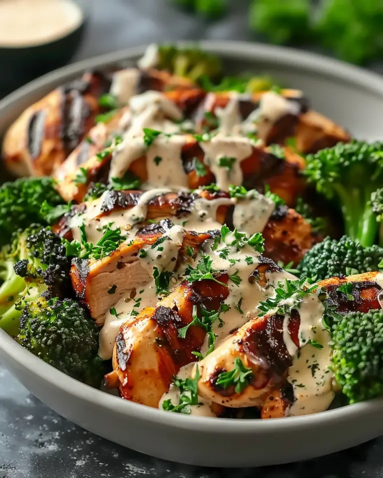 Grilled Chicken & Broccoli Bowls with Creamy Garlic Sauce