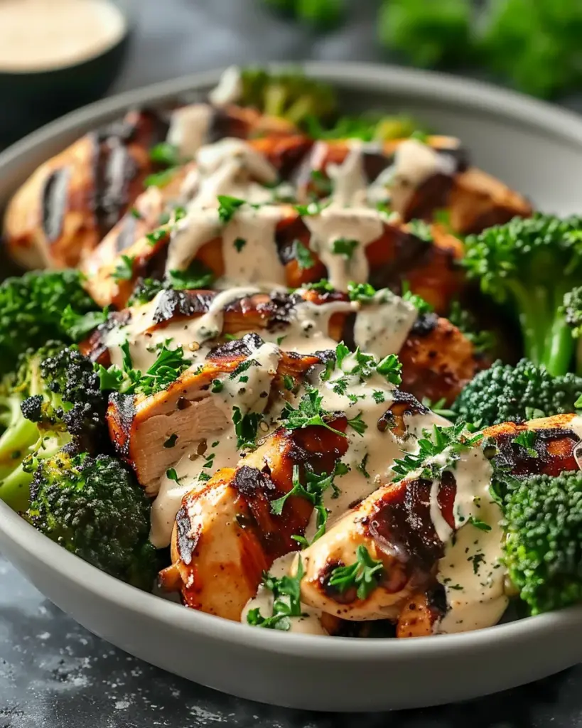 Grilled Chicken & Broccoli Bowls with Creamy Garlic Sauce