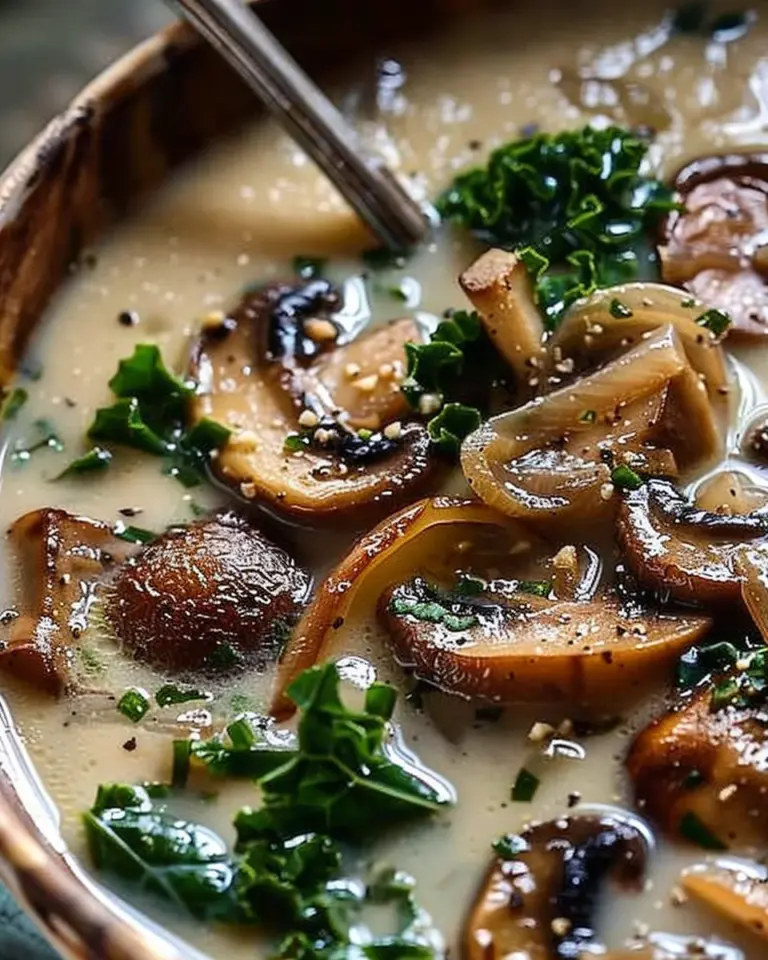 Wild Mushroom, Caramelized Onion and Kale Soup