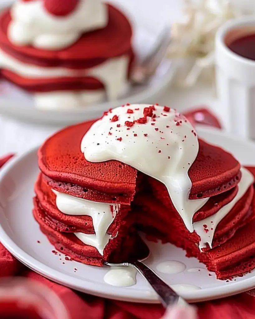 Red Velvet Pancakes with Sweet Cream Cheese Topping