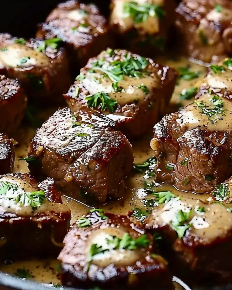 Tender Steak Bites in Garlic Butter with Creamy Parmesan Sauce