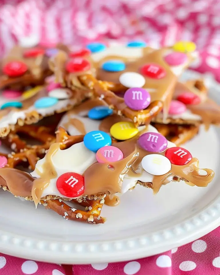 Strawberry M&M Caramel Pretzel Bark
