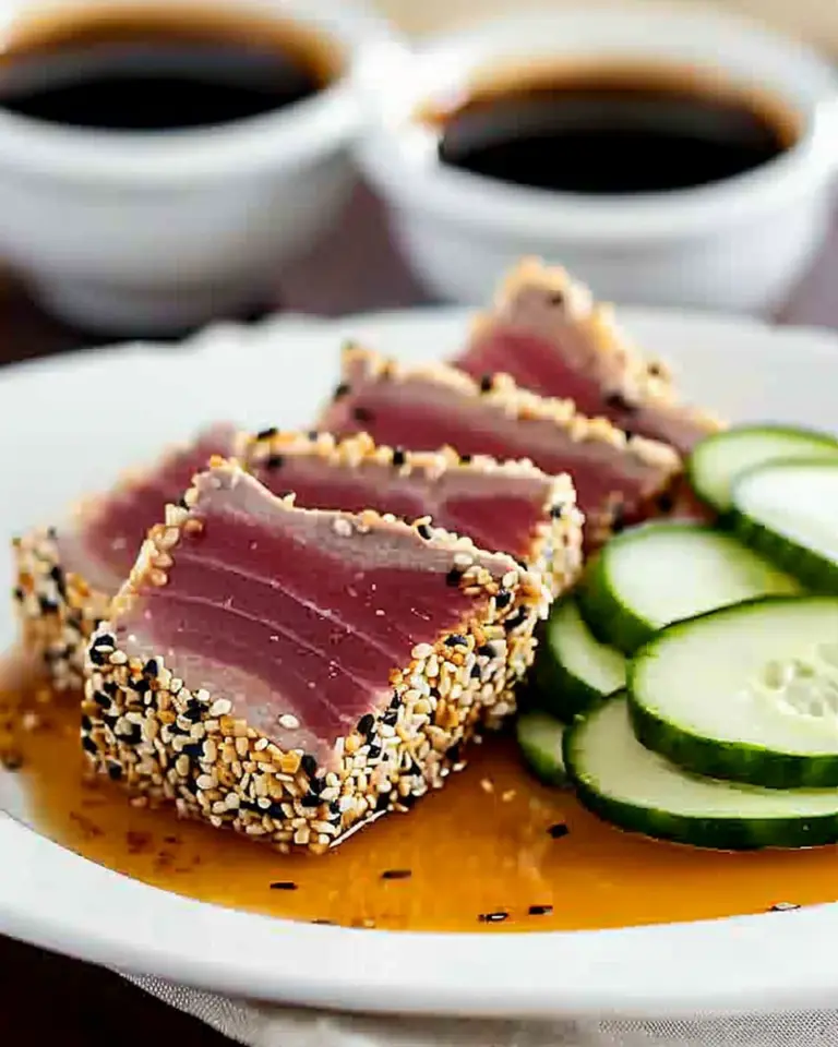 Seared sesame crusted tuna with orange ginger soy sauce