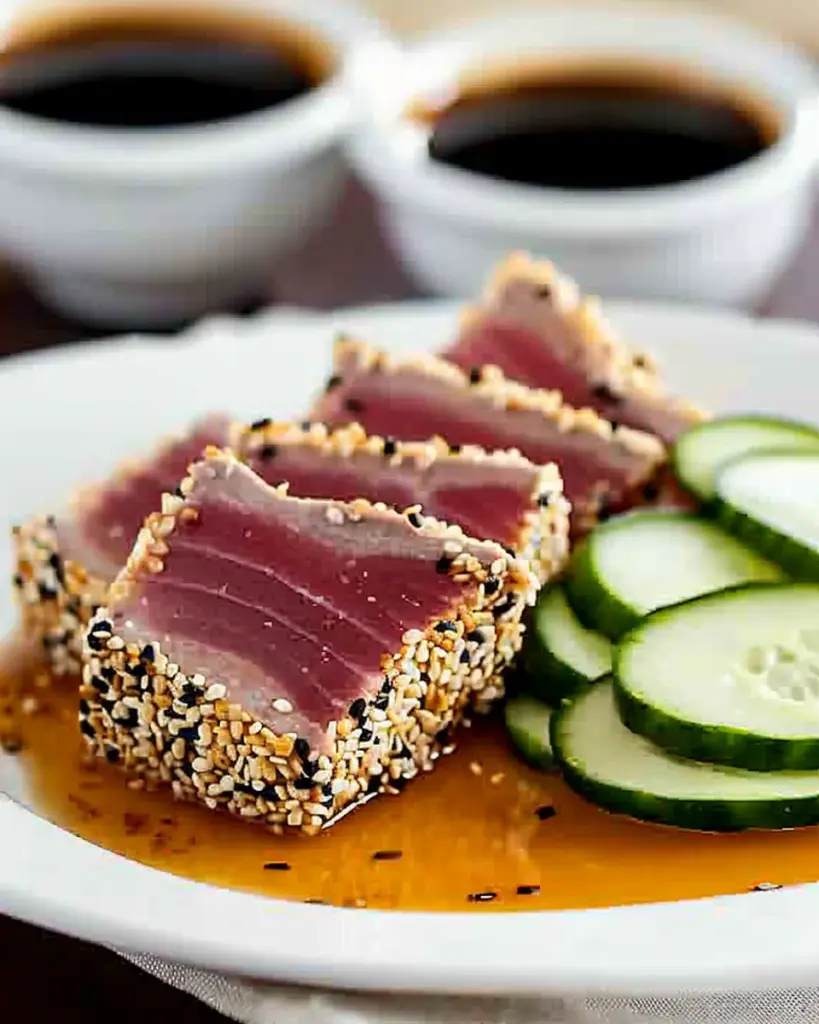 Seared sesame crusted tuna with orange ginger soy sauce