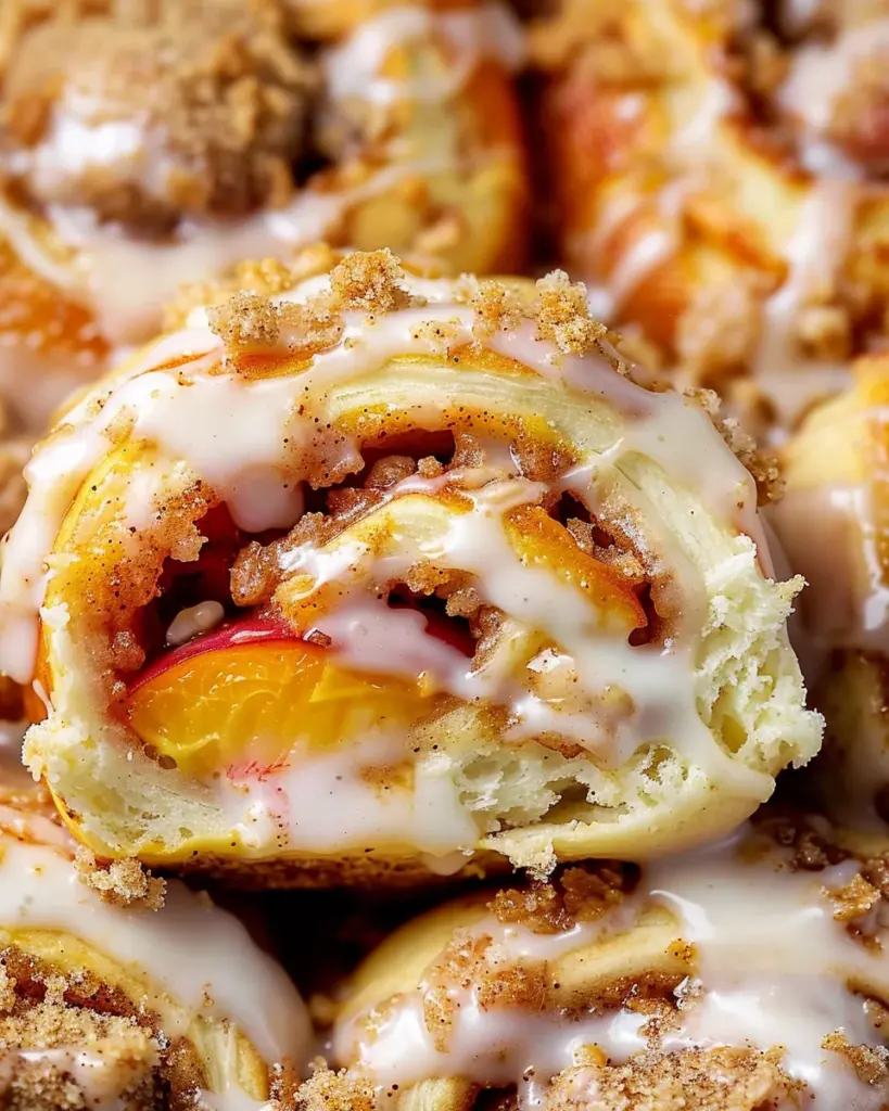 Peach Cobbler Cinnamon Rolls with Crumb Topping