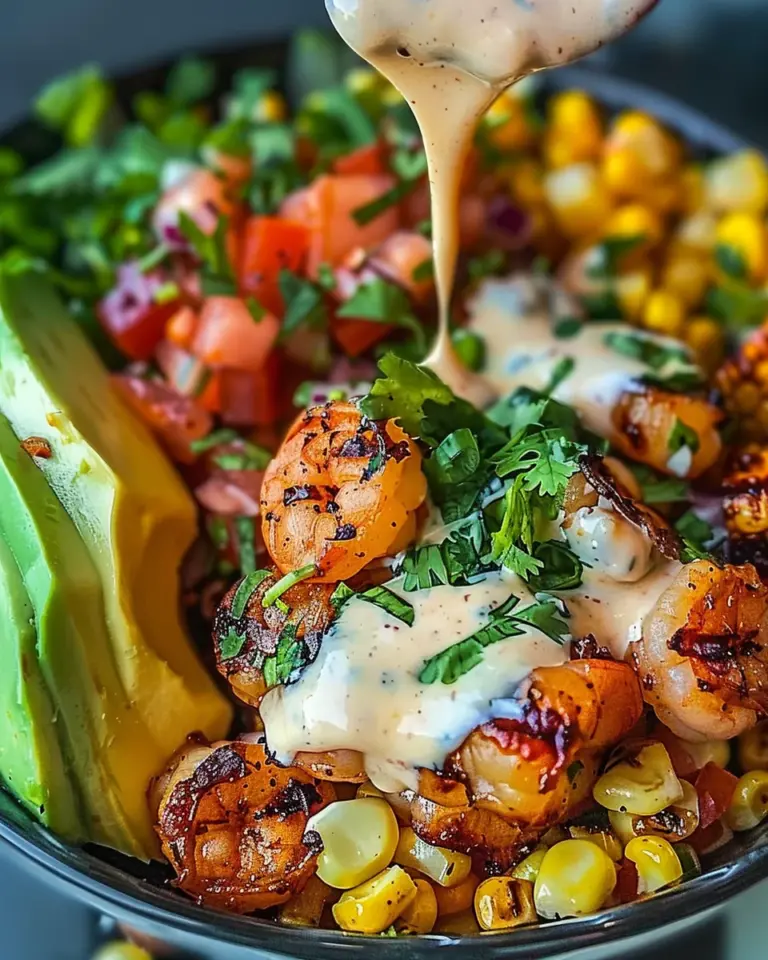 Grilled Shrimp Bowl with Avocado, Corn Salsa & Creamy Garlic Sauce: An Incredible 7-Ingredient Recipe