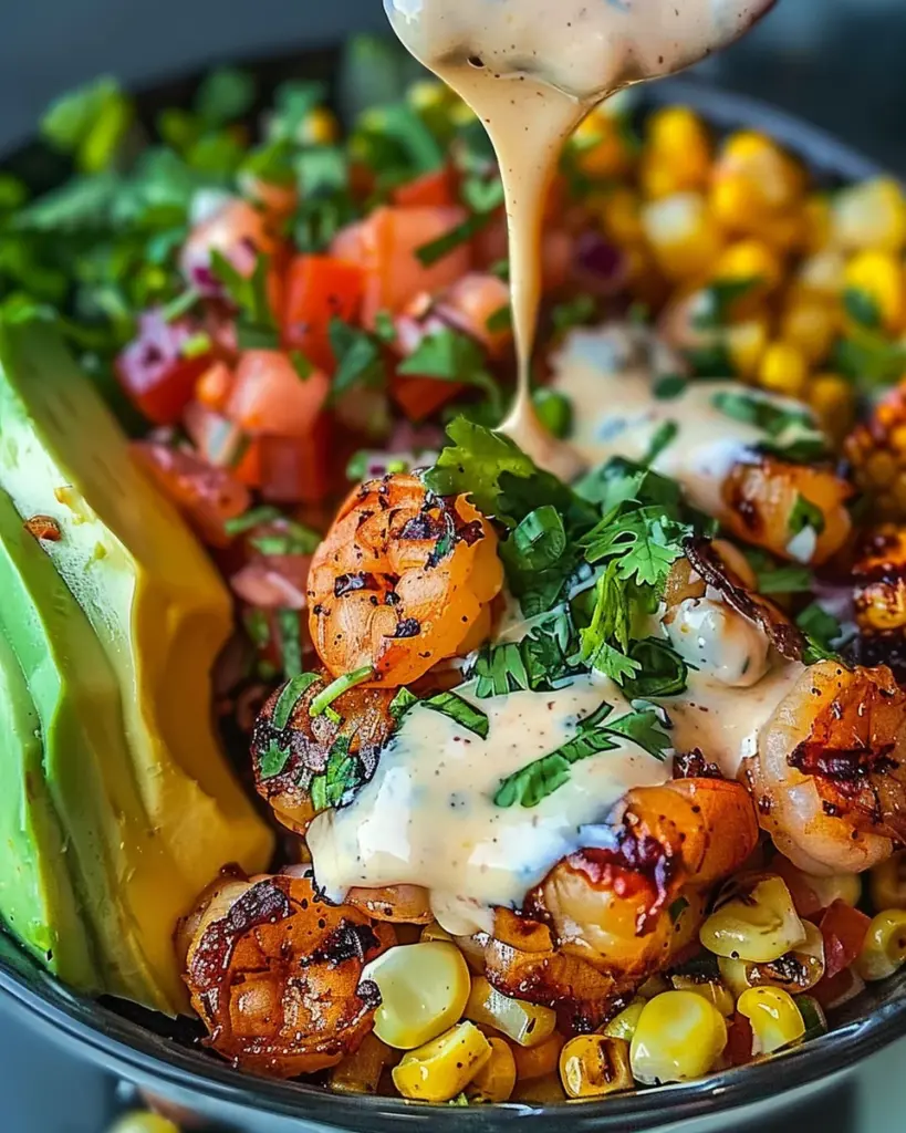 Grilled Shrimp Bowl with Avocado, Corn Salsa & Creamy Garlic Sauce: An Incredible 7-Ingredient Recipe