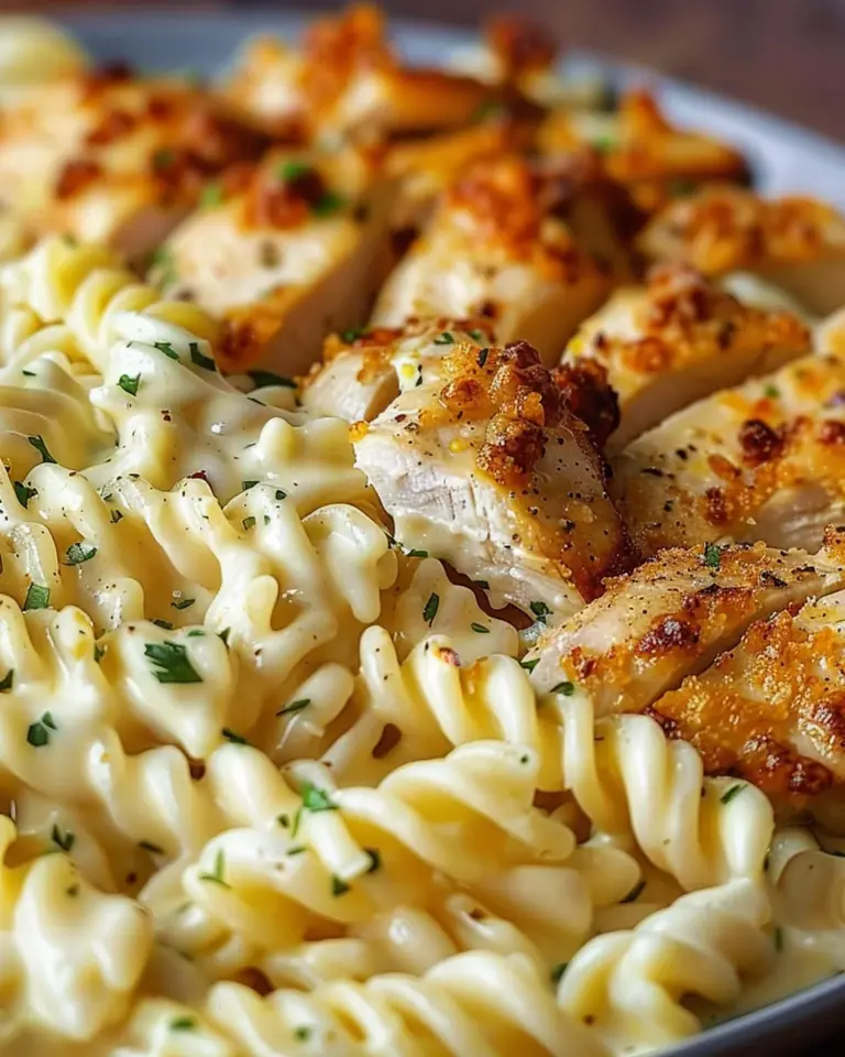 Cheesy Alfredo Twisted Pasta with Golden Garlic Butter Chicken in Creamy Sauce