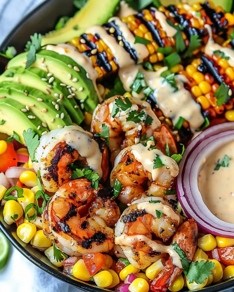 Grilled Shrimp Bowl with Avocado, Corn Salsa & Creamy Garlic Sauce