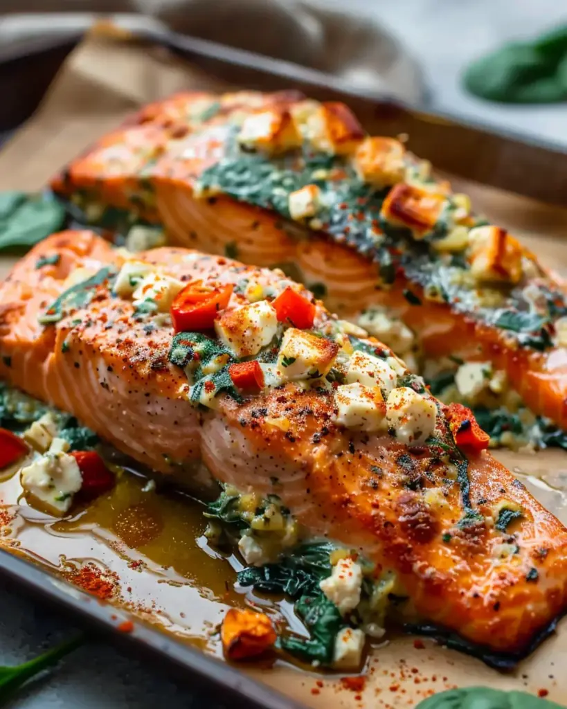 Simple Baked Stuffed Salmon with Spinach and Feta