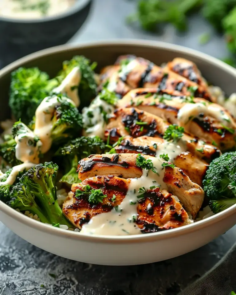 Grilled Chicken & Broccoli Bowls with Creamy Garlic Sauce