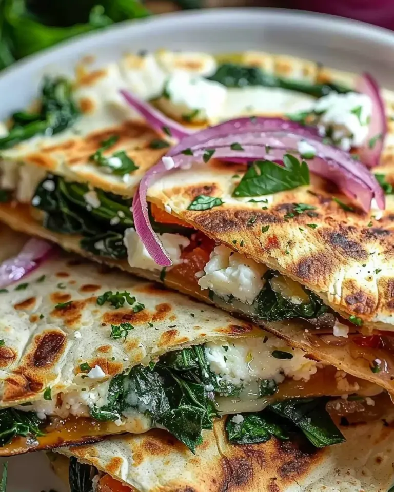 Mediterranean Quesadillas with Spinach Feta Mozzarella and Red Onion