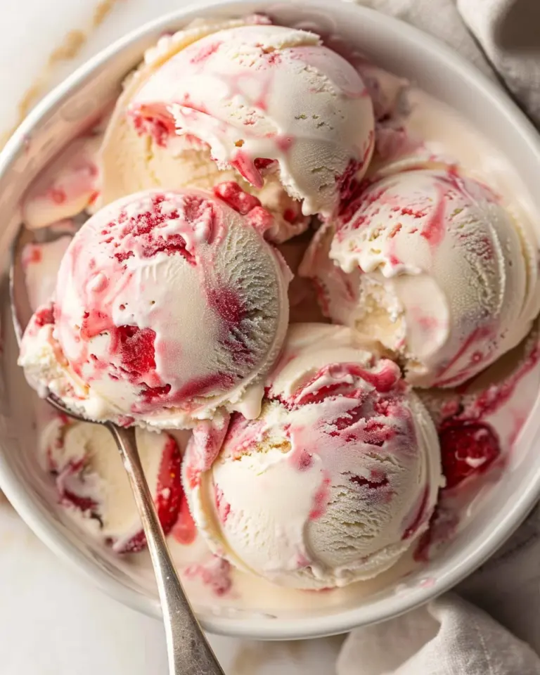 Mascarpone Ice Cream swirled with Strawberry Sauce