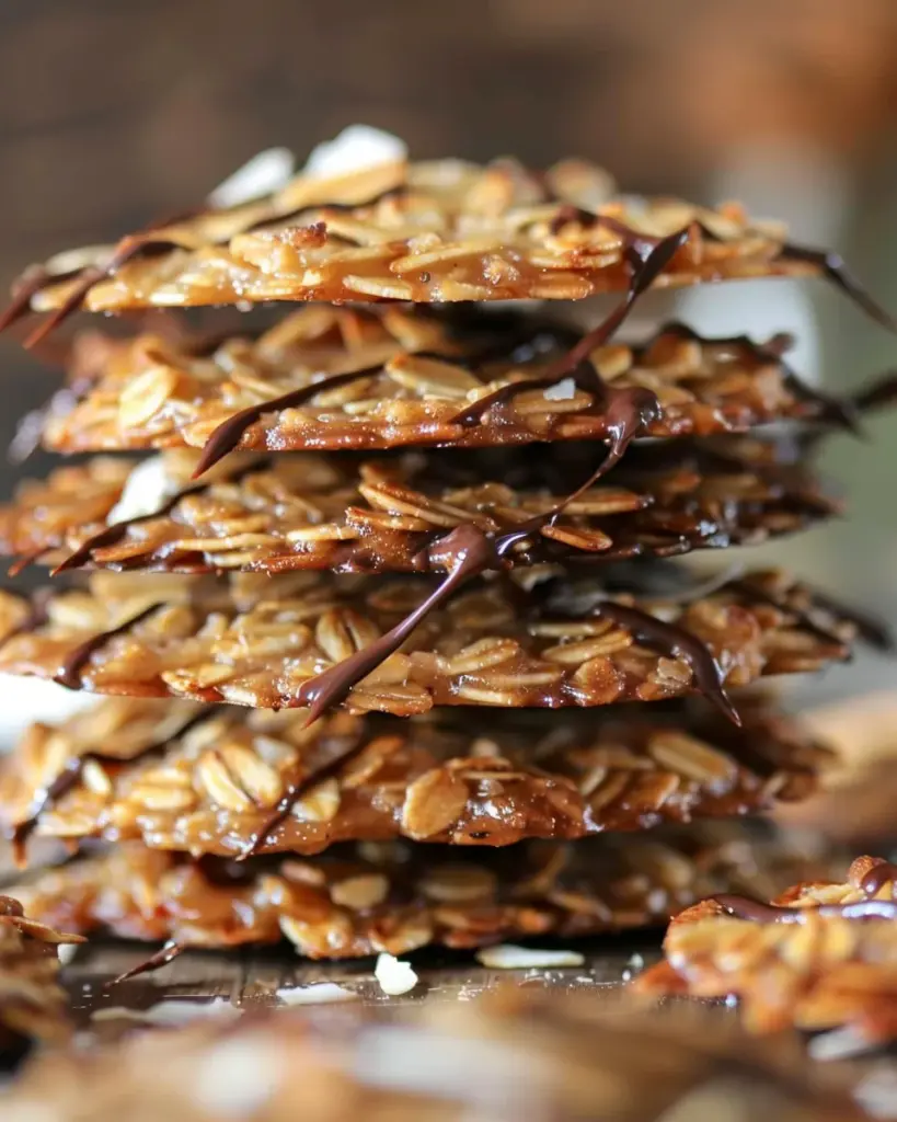 Thin Crispy Oatmeal Cookies with Toasted Coconut and Chocolate Drizzle